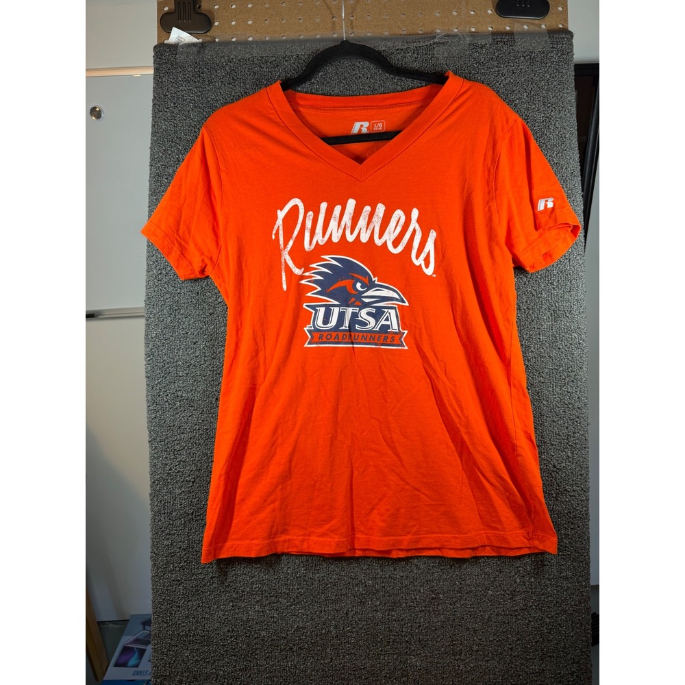 Russell T-Shirt Girls L Orange UTSA Roadrunners V-Neck Graphic Tee